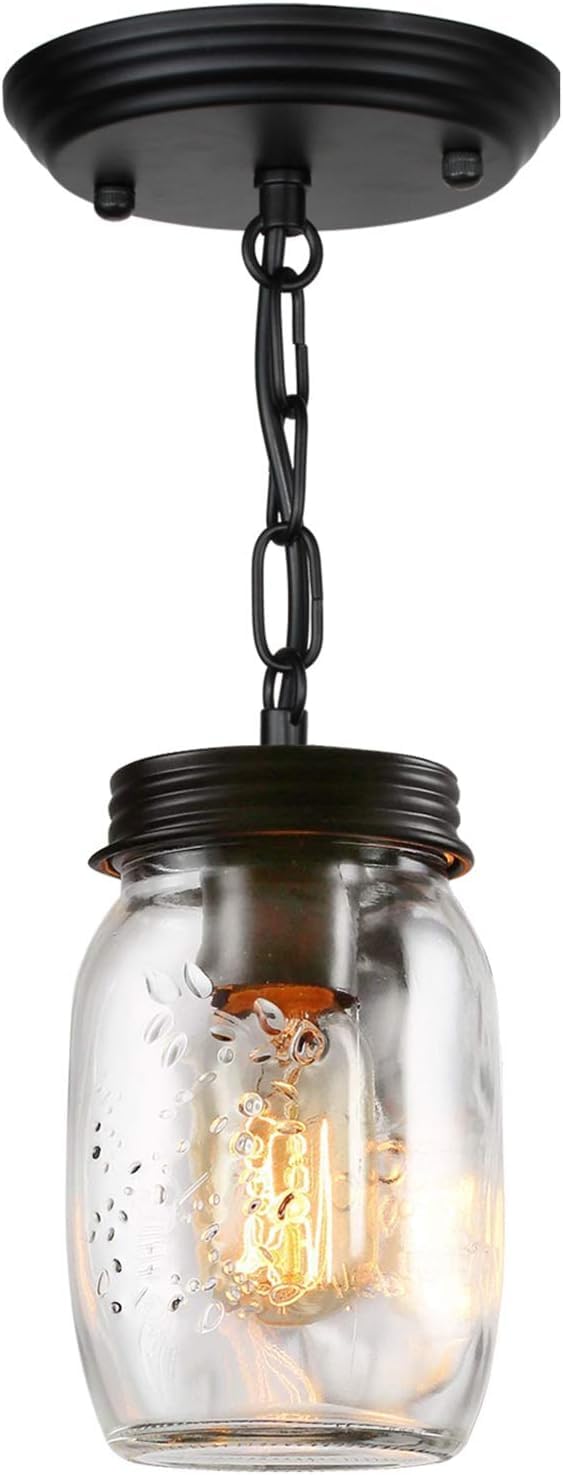 Jasopaco Glass Mason Jar Light Fixtures Single Pendant Ceiling Light 1-Light Flush Mount Black Country Farmhouse Lights For Kitc