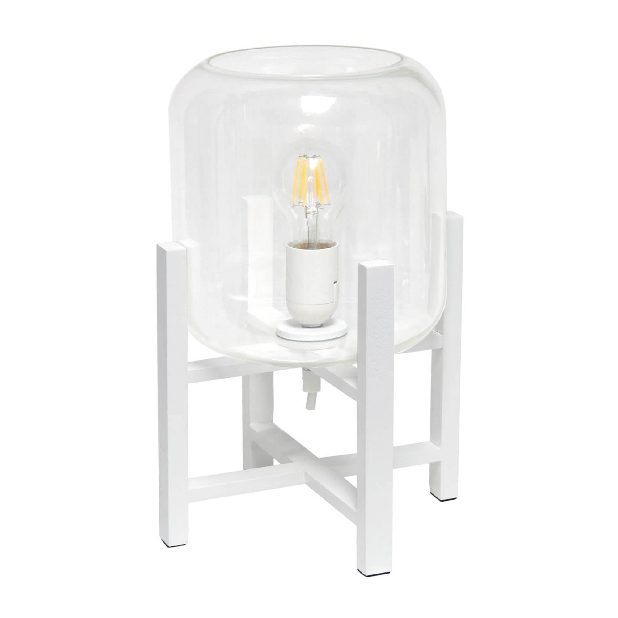 Simple Designs Lt1068-Wht Wood Mounted Glass Cylinder Shade Table Lamp, White/Clear, 9 X 9 X 13.38