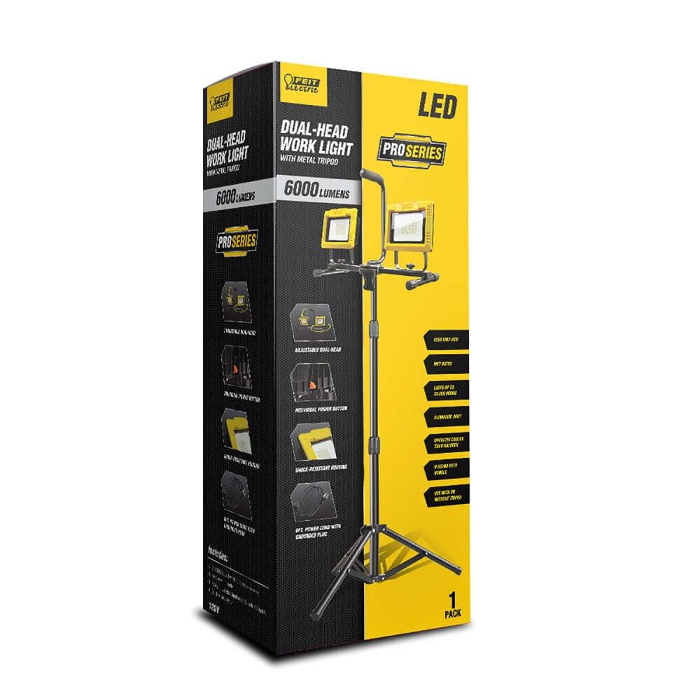 Feit Electric 60W Portable Led Work Lights With Telescoping Tripod Stand, Adjustable Dual-Head Proseries, Plug In, 6000 Lumens, Ultra Bright Flood Ip65 Waterproof - Work6000Xltpplug