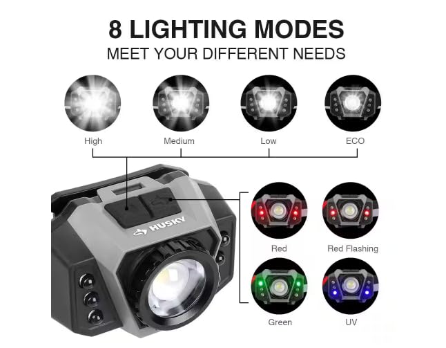 Husky Rechargeable Headlight, 600 Lumens, Dual Power, Black, Model 90709, Plastic Material
