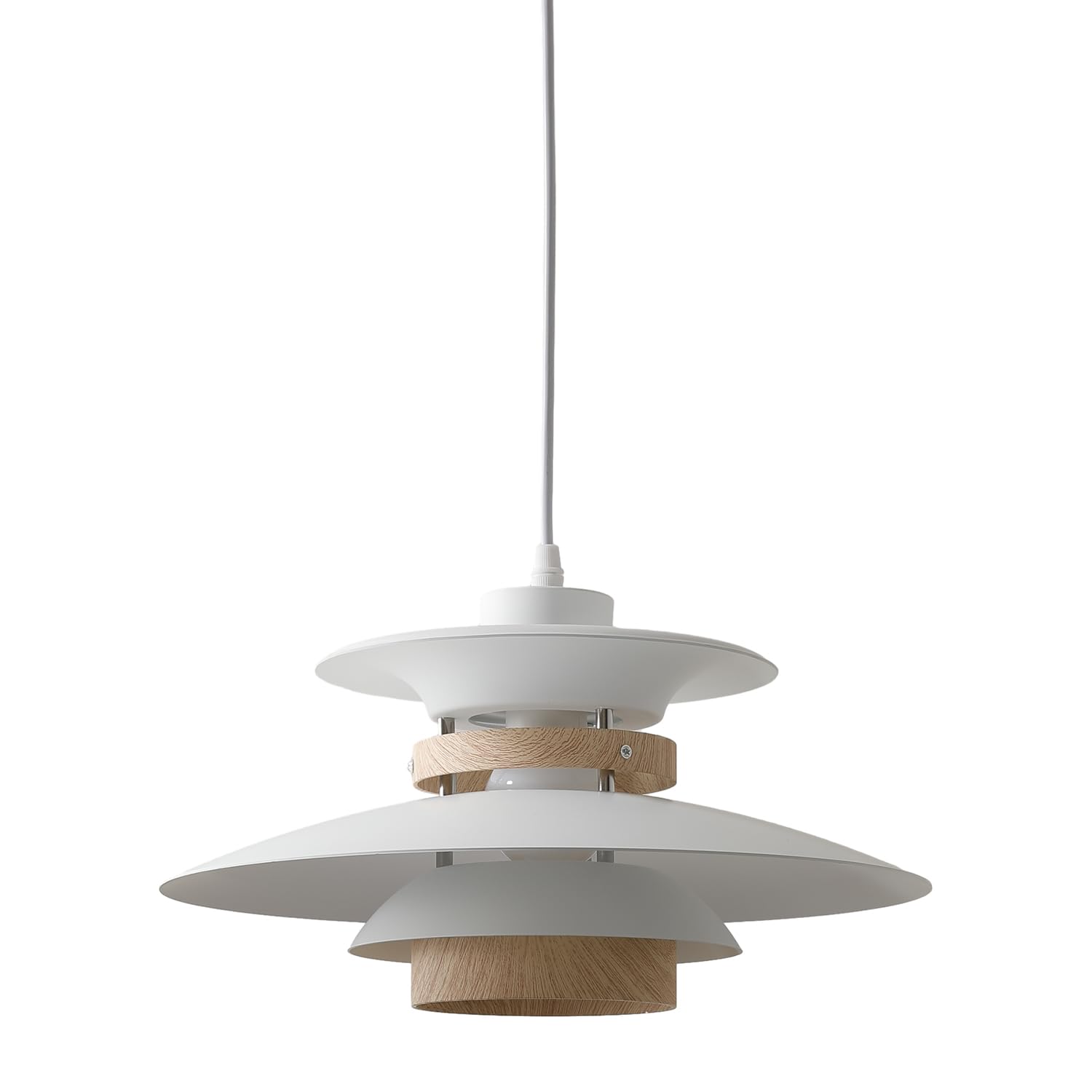 EFINEHOME Modern Pendant Lamp, 1-Light E26 Ceiling Light, Aluminum & Wood, 35cm, White & Light Wood Grain, Model EFLM22385H