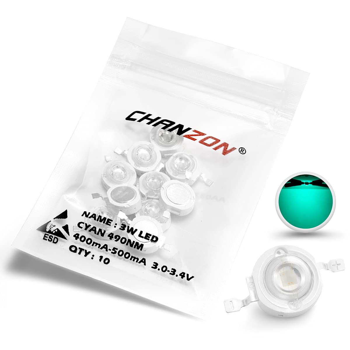 Chanzon 10 Pcs High Power Led Chip On Board 3W Cyan (490Nm / 400Ma - 500Ma / Dc 3V - 3.4V / 3 Watt) Super Bright Intensity Smd C