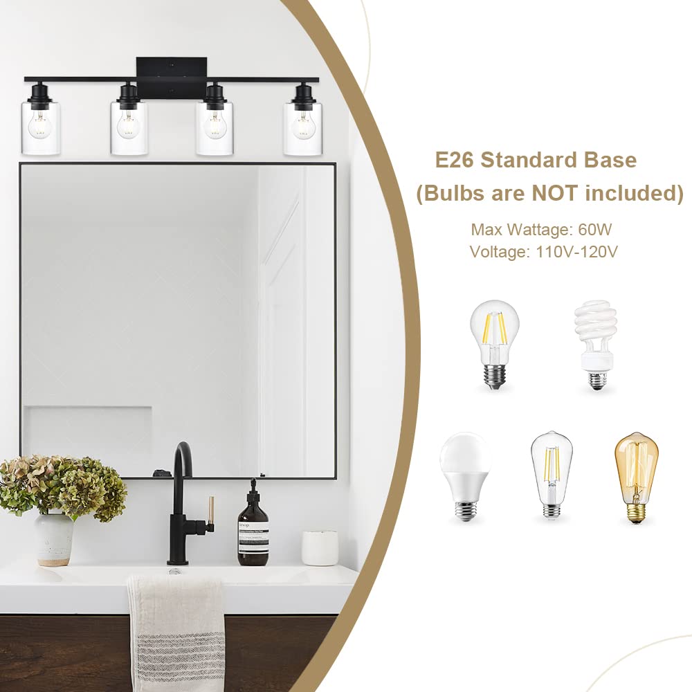 Vinluz 4-Lights Black Bathroom Vanity Light Fixtures With Clear Cylinder Glass Shade Industrial Metal Wall Mounted Lighting Over Mirror