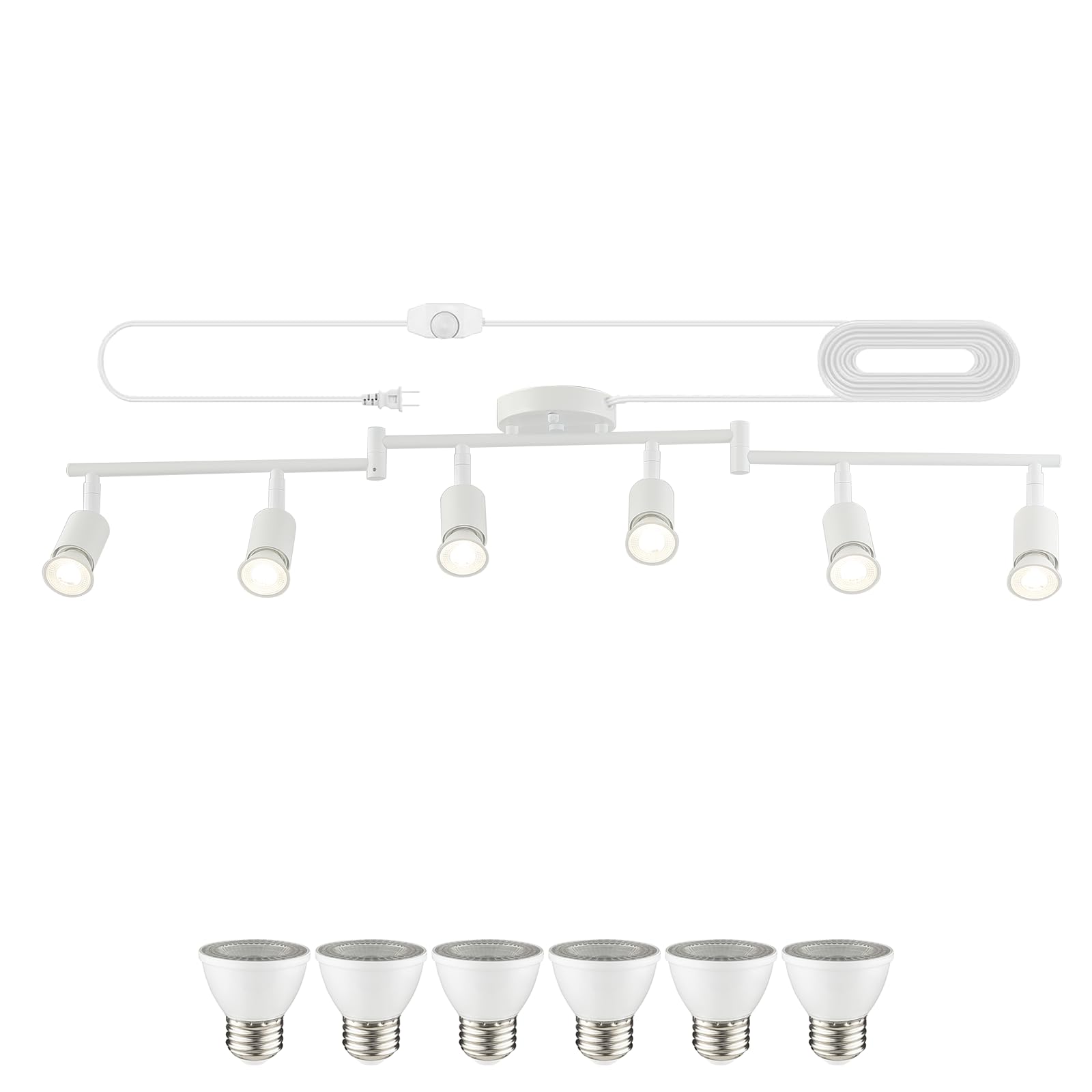 Vivihobb Dimmable Plug In Track Light White 6 Light Plug In Ceiling Lighting Fixture With 16.4 Long Cord 6 Way Ceiling Spotlight Rotatable Wall Mount Light Head Led Dimmable Spot Bulbs Included