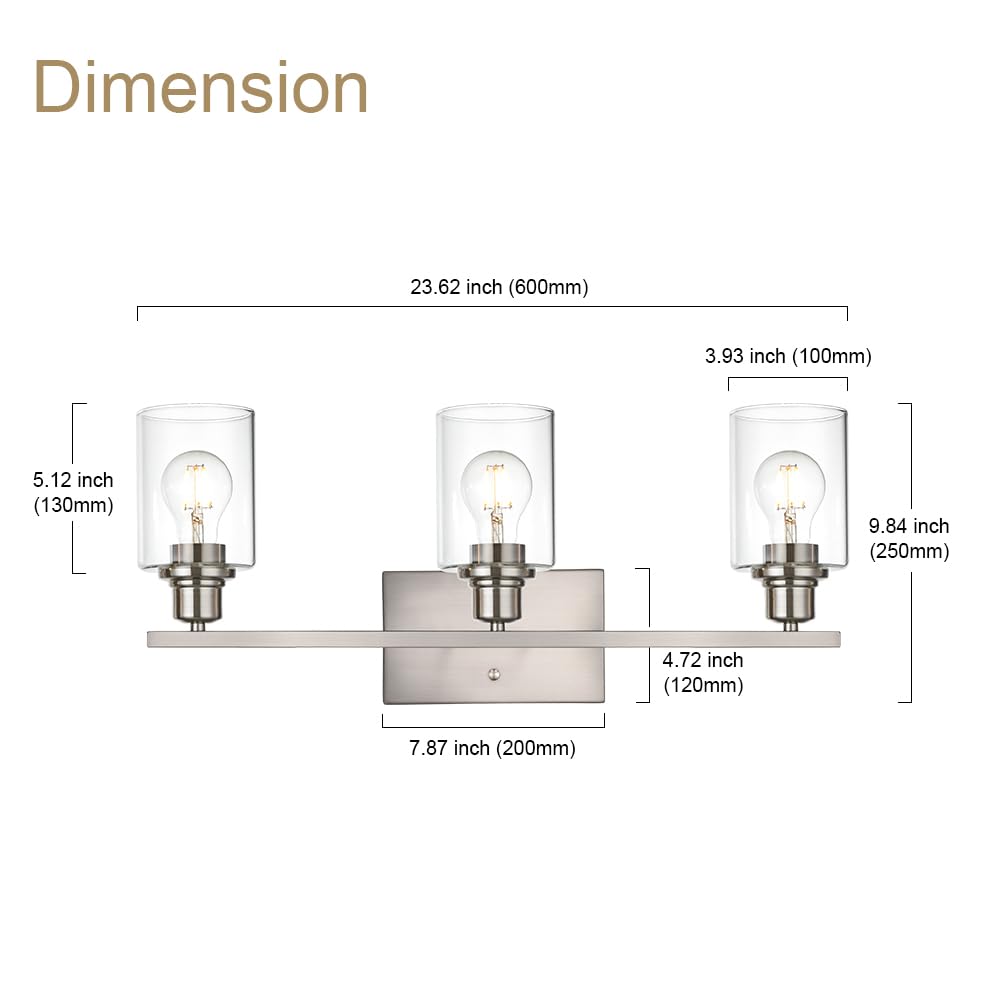 VINLUZ 3 Light Indoor Vanity Light Fixture, Brushed Nickel with Clear Glass Shade, Farmhouse Bathroom Lighting for Mirror, Porch, Workshop