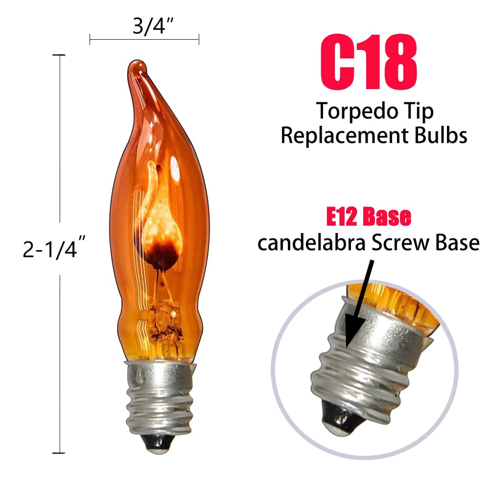 Abeja C18 Orange Flame Light Bulbs, 12 Pack Flicker Flame Shaped, Glass, E12 Base, Ideal for Halloween and Christmas Decor