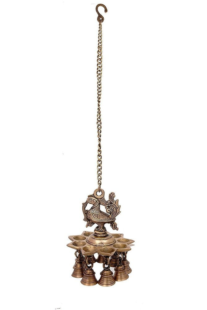 Artvarko Brass Peacock Deepam Deepak Diya Bell with Chain Wall Hanging for Home Decor Mandir Temple Puja 9 Inches Height