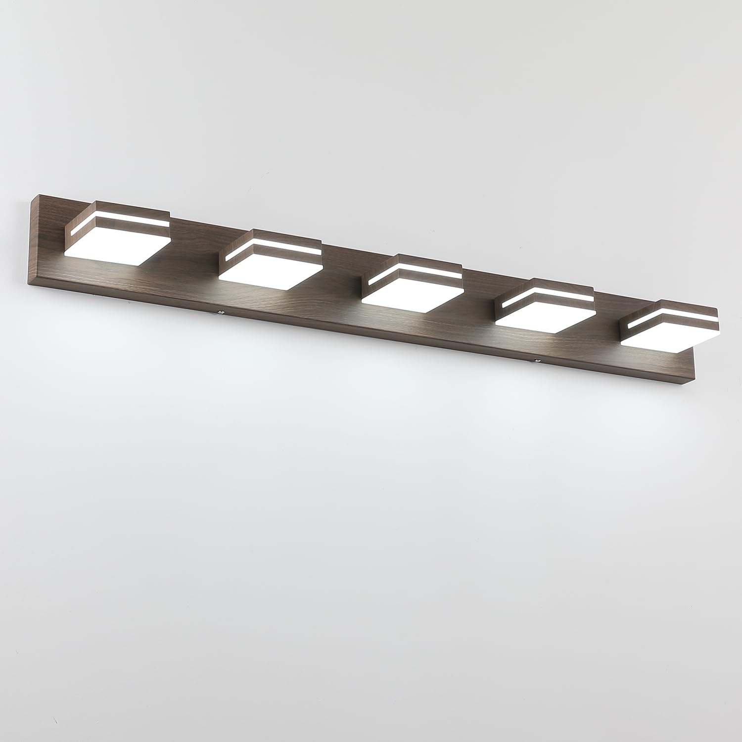 SineRise 5-Light LED Bathroom Vanity Light Fixture, 40-Inch, Dimmable, Brown Wood, Stainless Steel