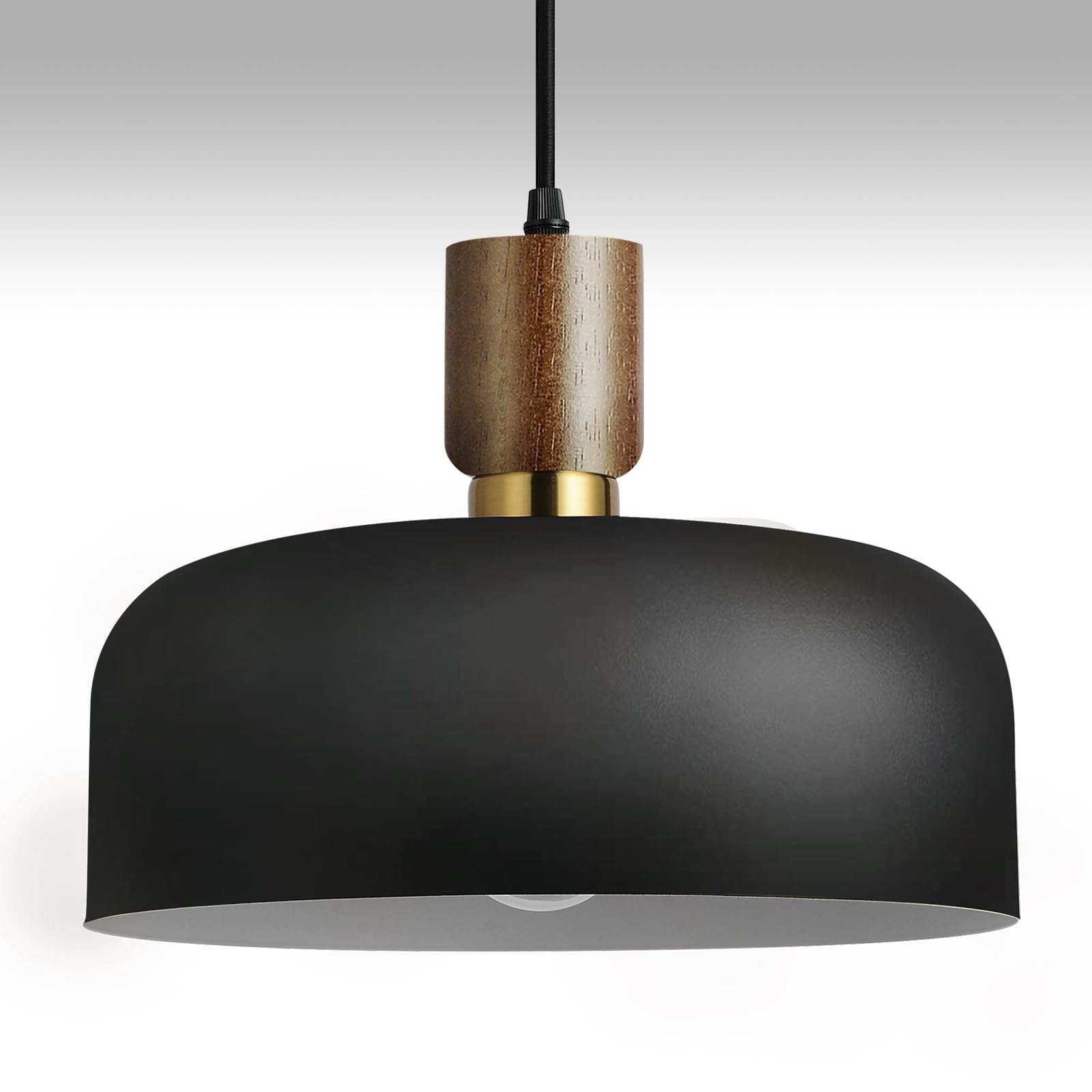 11.6'' Modern Black Hanging Light,Large Pendant Light for Kitchen Island,Solid Wood with Hammered Shade,Adjustable Retro Dome In