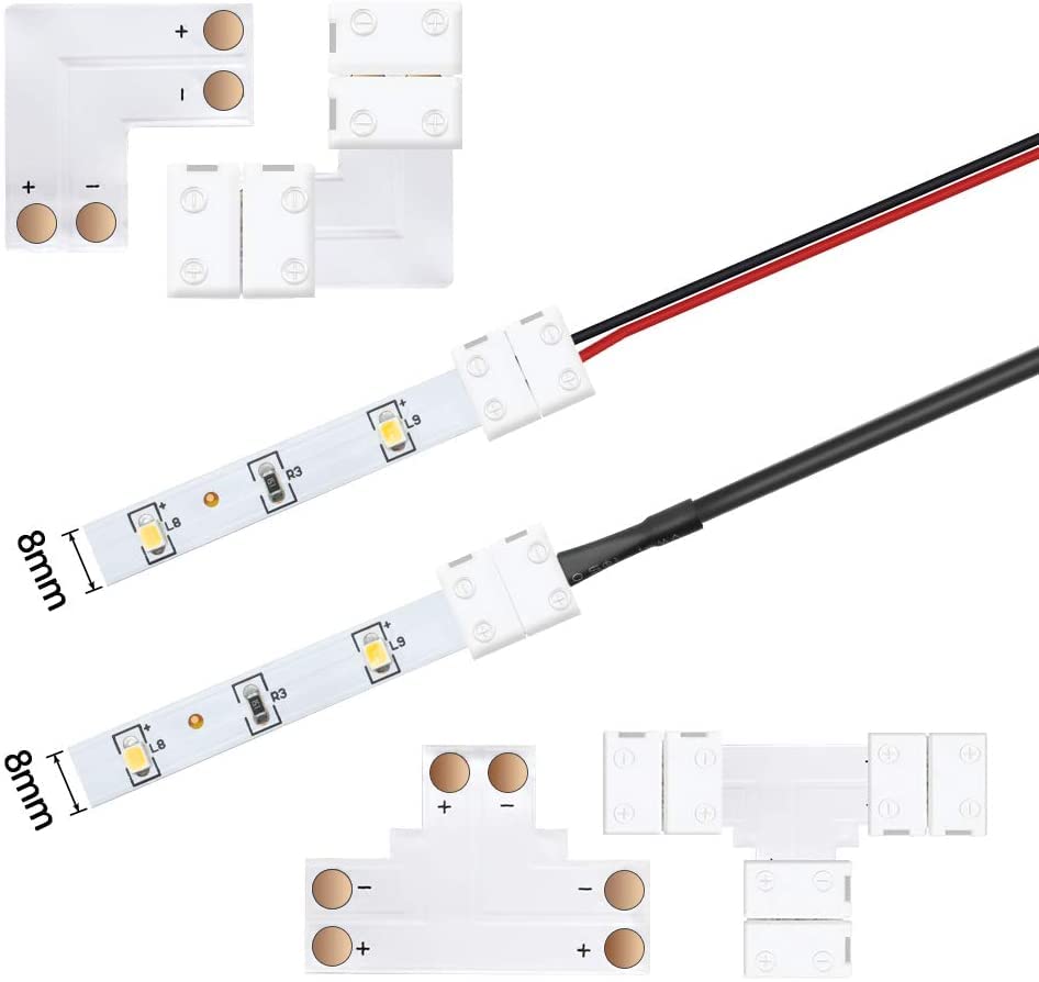 Lightingwill 2 Pin Led Strip Light Connector Kit, 8Mm Solderless Adapter Connectors, Led Strip Accessories Set For 8Mm Wide 3528