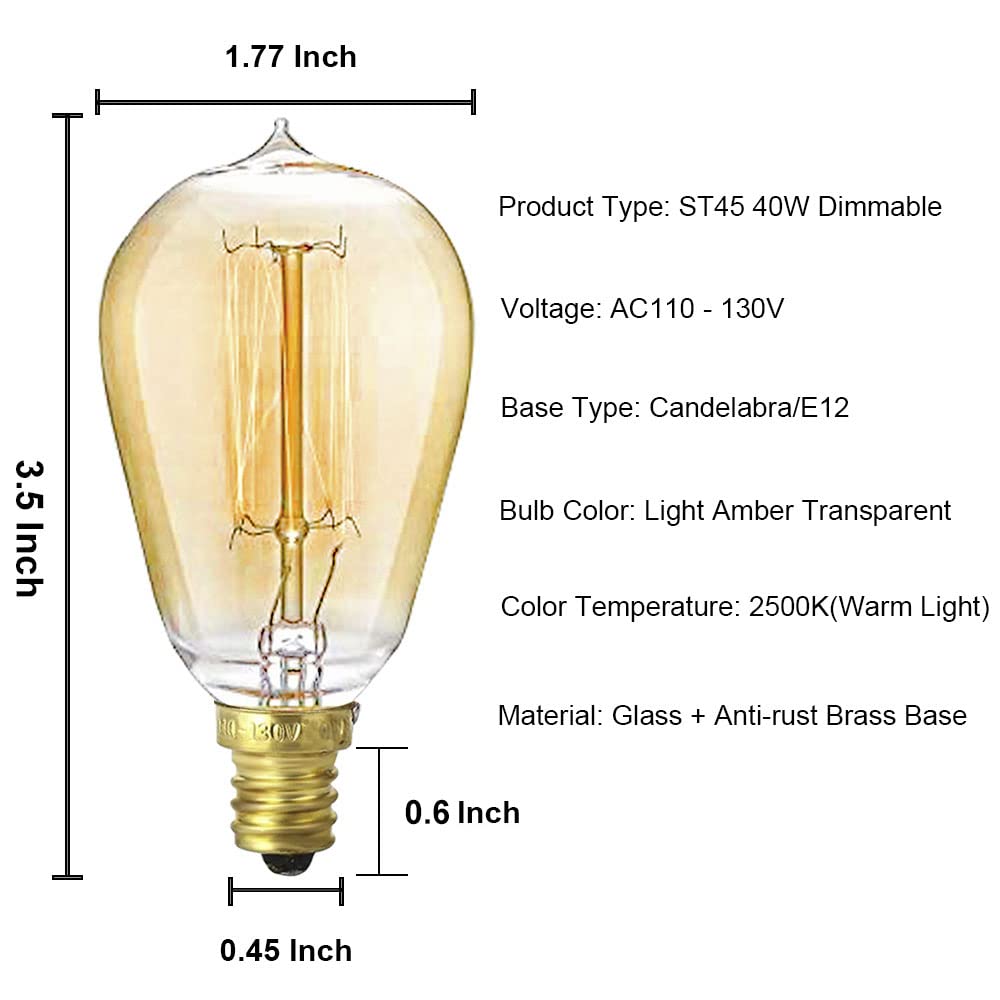 New Orange Heart Vintage Edison Light Bulbs, E12 Candelabra Light Bulbs, 40W Dimmable Incandescent Bulb, 110-130V, St45 Squirrel
