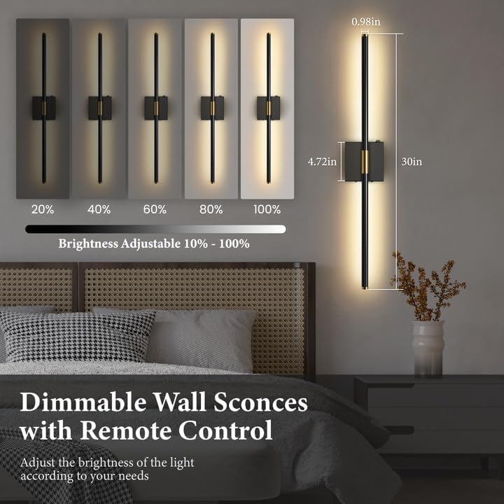 SAIMAND Wall Sconces Set of 2, Battery Operated USB Rechargeable, 8000mAh LED, 360° Rotation, 30in Black, Remote Control for Living Room