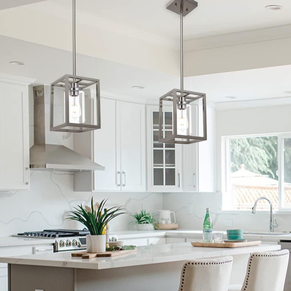 Vinluz Contemporary Pendant Lighting,Single 1 Light Brushed Nickel Cage Hanging Light With Clear Glass Shade For Kitchen Island