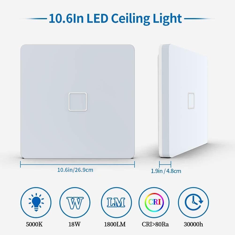 Airand Led Ceiling Light Fixture 18W, 10.6 Square, 5000K Daylight White, Plastic, 1800Lm, Model 18W-6300 For Home