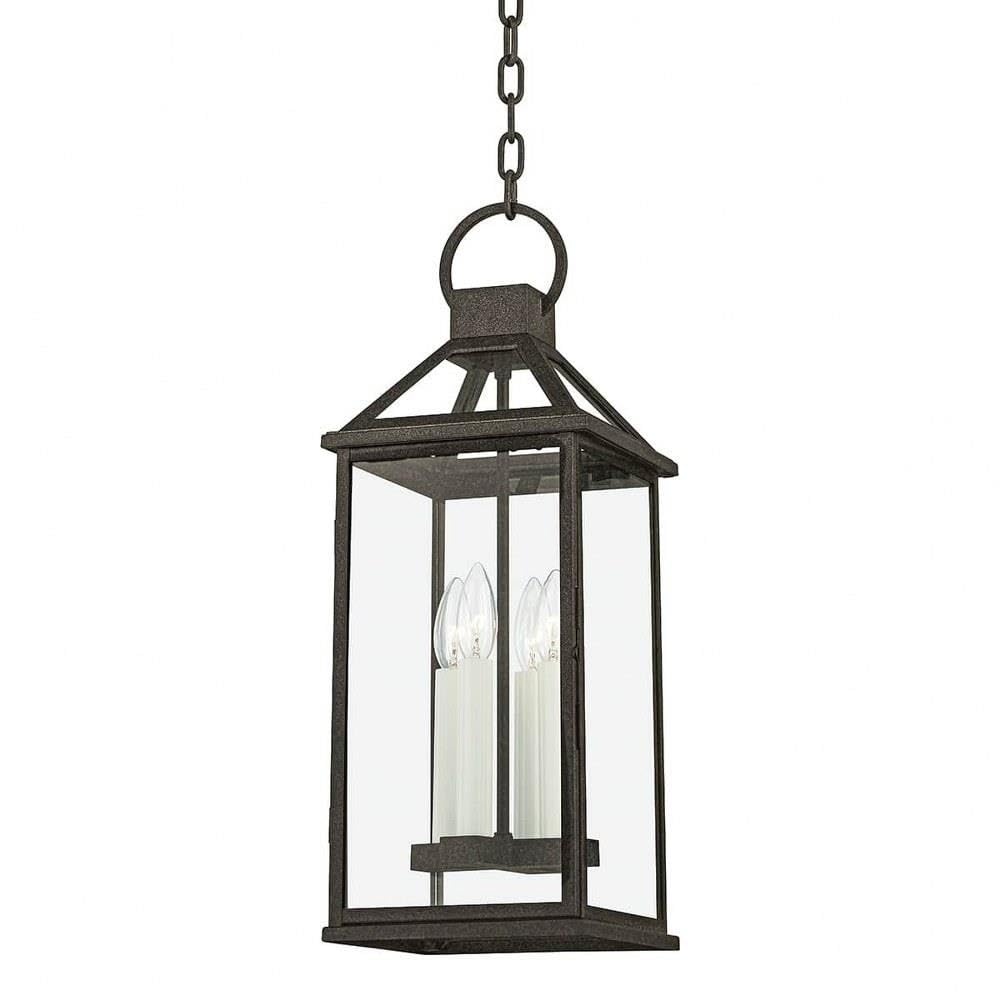 Troy Lighting Sanders 8.5 Exterior Pendant Lantern | French Iron Finish | Clear Glass | Cottage 4-Light Outdoor Pendant Light | 