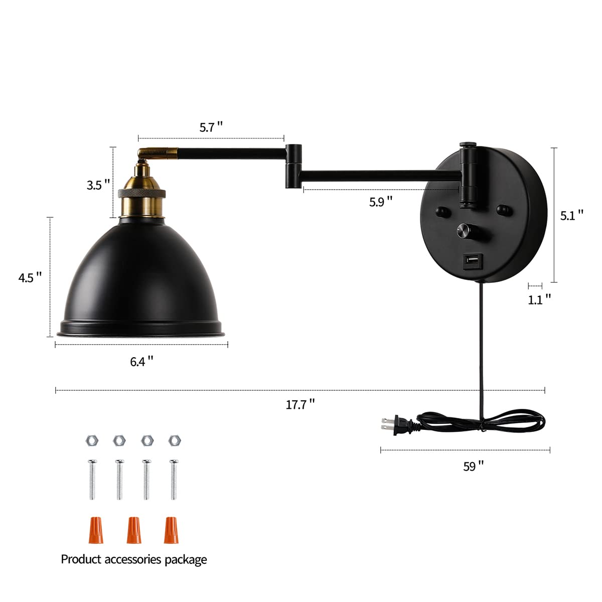 Swing Arm Wall Sconces, Plug-In Wall Lamp,Bedroom Wall Lamp , White Fabric Shade,,With Dimmable Switch And Usb Charging Port, Su