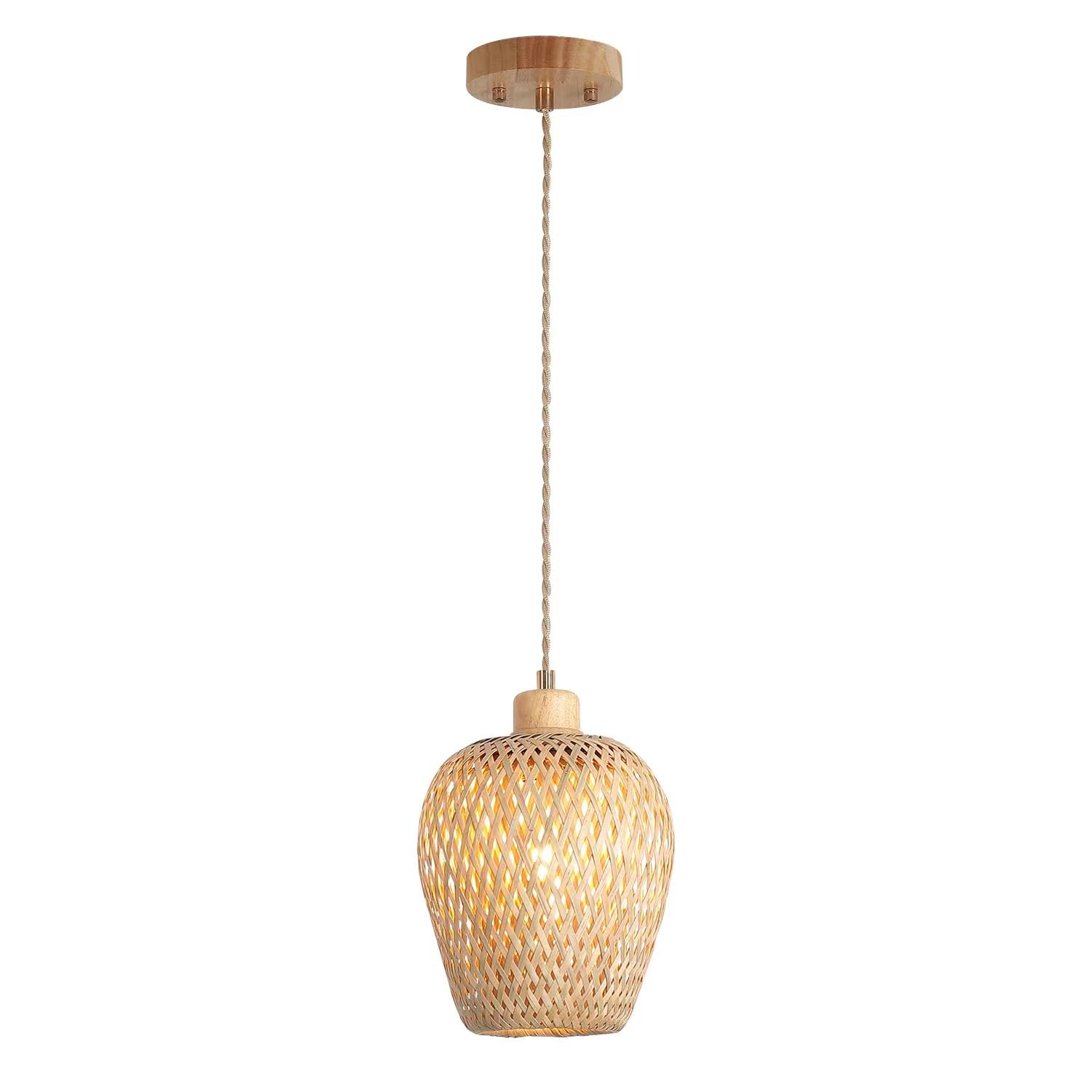 Hchunqjor Bamboo Pendant Light Fixture, One-Light Adjustable, Handmade Woven, Small Size, Natural Color, Model 3606-1