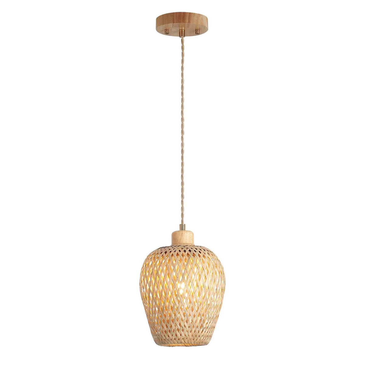 Hchunqjor Bamboo Pendant Light - Adjustable Boho Mini Fixture For Kitchen Island, Natural Woven