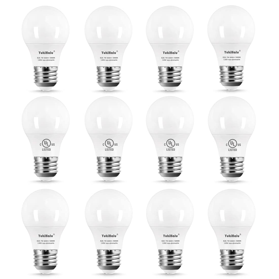 YukiHalu LED Light Bulbs, 60W Equivalent, 7W 600 Lumens, E26 Base, 5000K Daylight White, Pack of 12