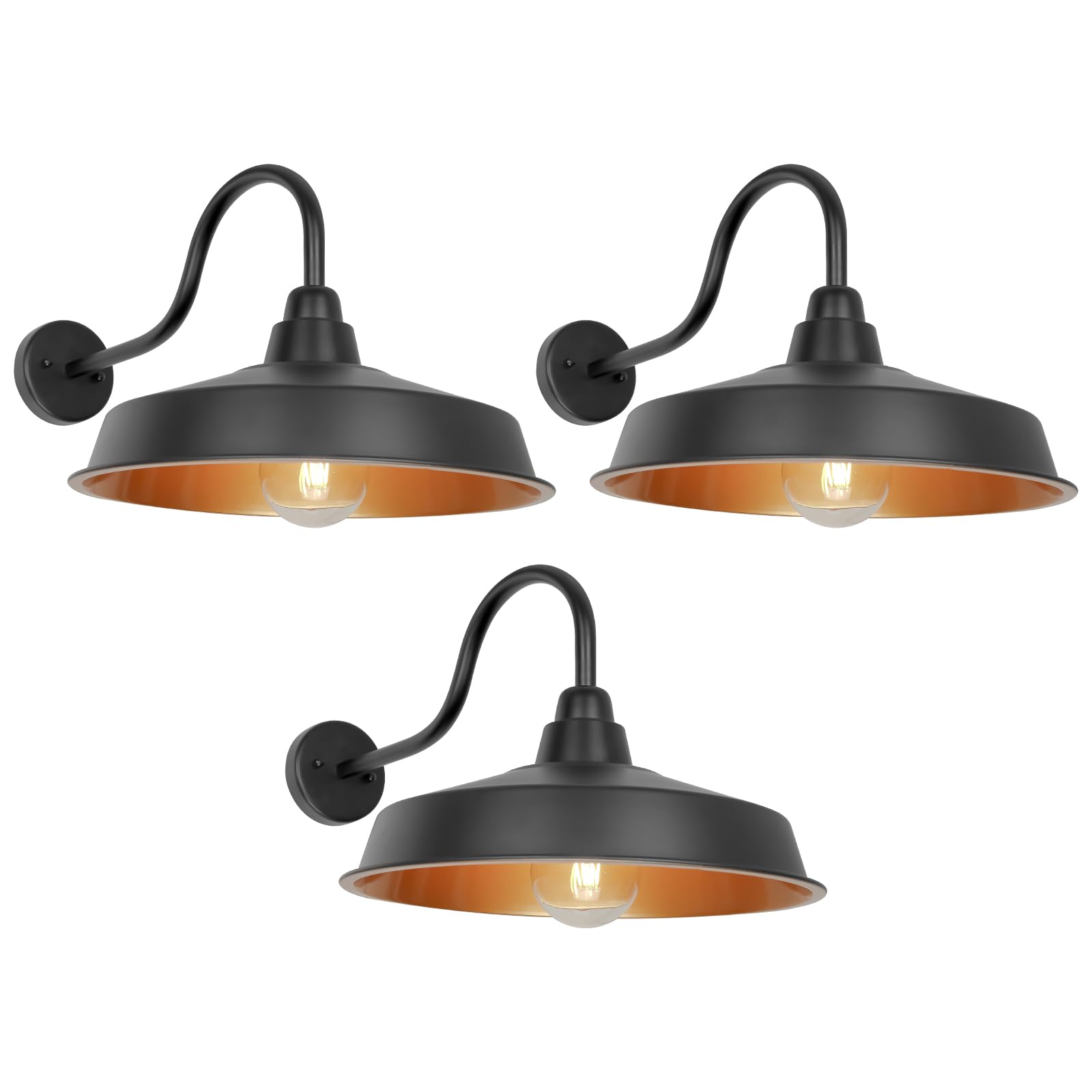 Diyel Gooseneck Barn Light Fixture, 16 Inch, Iron, Black & Gold, Wall Mount, 3 Pack, Model RZ020