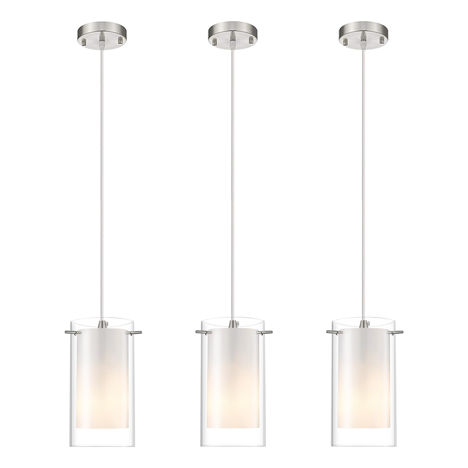 Akezon 3-Light Pendant Light, Indoor Glass Hanging Light Fixture, Adjustable Height, Brushed Nickel Finish For Kitchen Dining Room