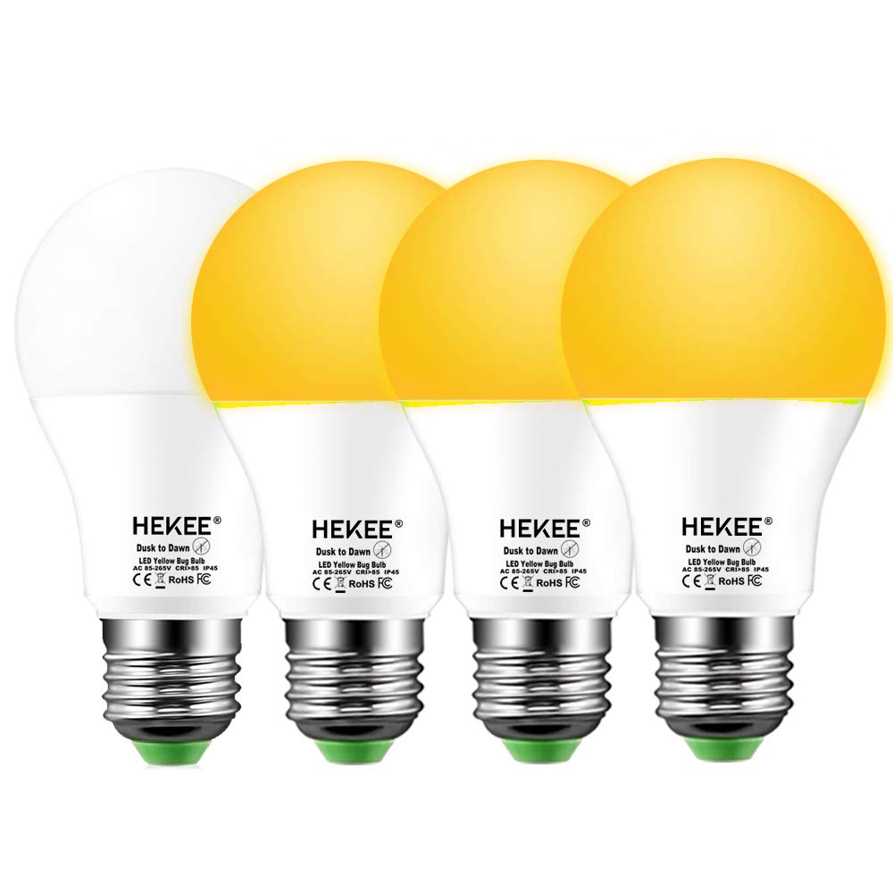 HEKEE Dusk to Dawn Light Bulbs A19 8W 720 Lumens E26 Screw Base Amber LED 4 Pack 2000k Warm Glow