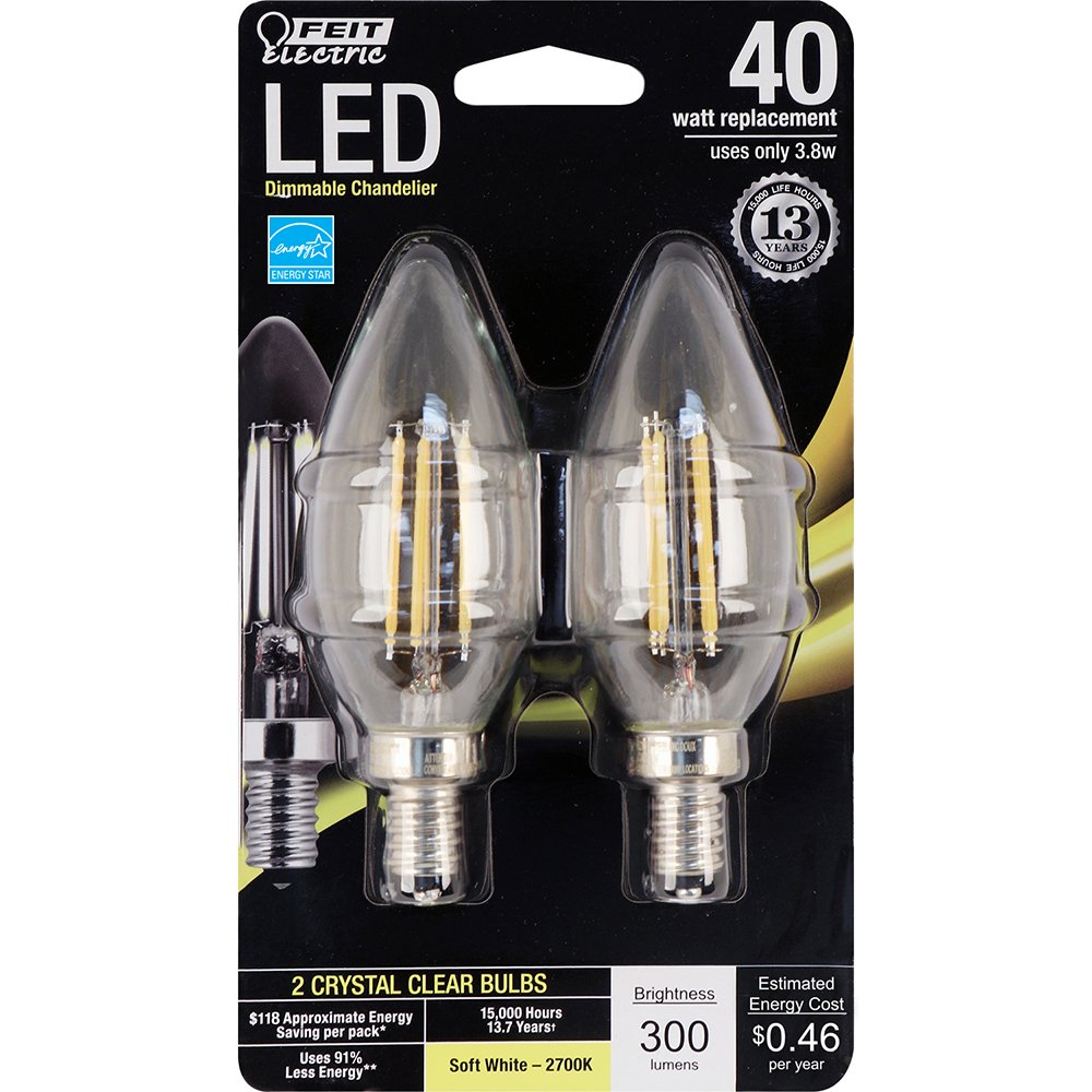 Feit Electric Decorative Clear Glass Filament LED Chandelier Bulb, 40W Equivalent, Soft White 2700K, Candelabra Clear Torpedo Tip, Pack of 2