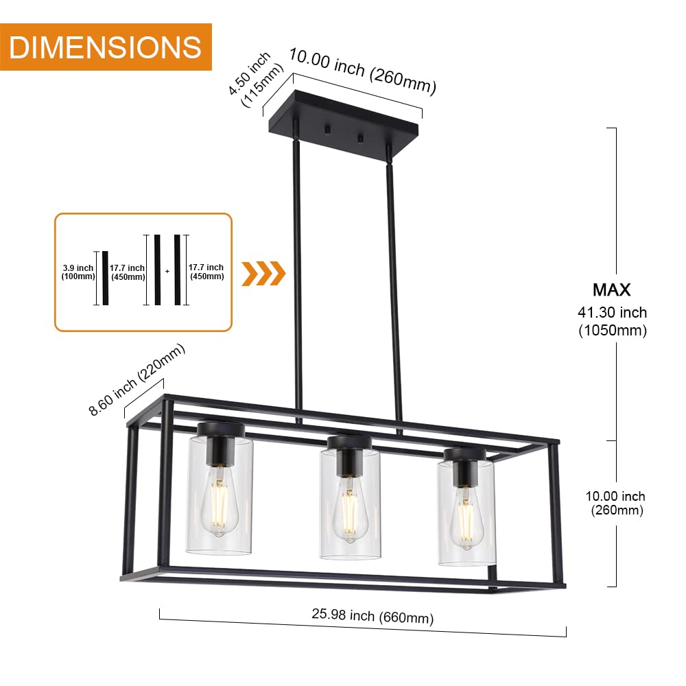 VINLUZ Black 3-Light Contemporary Chandelier, Metal Modern Pendant Lighting for Dining Room and Kitchen Island, Model 1811-3-11