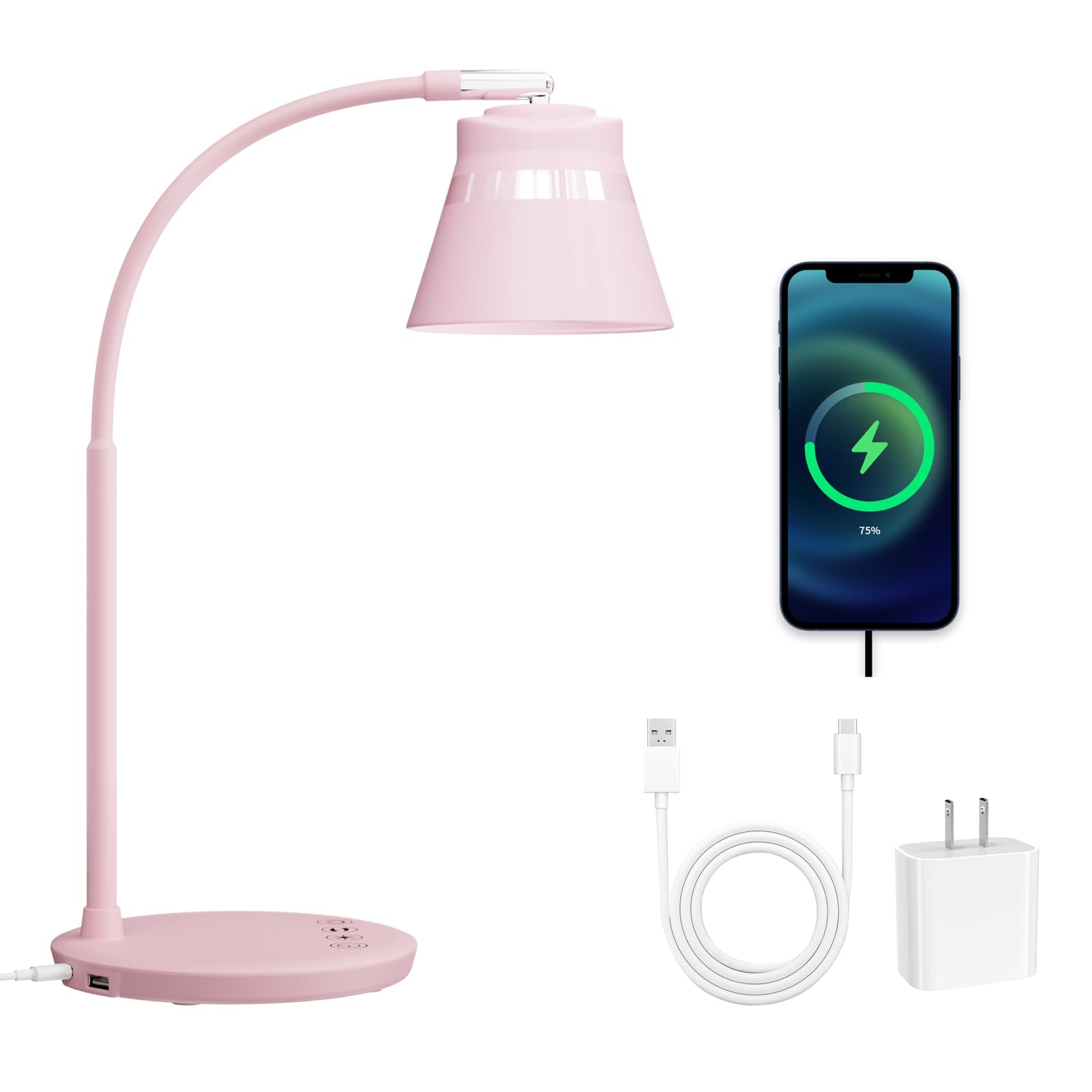 AXX TU08 Pink Cute Desk Lamp with USB Charging Port, 650 Lumens 3-Color Modes, 5-Touch Dimming, 30/60-Minute Timer, 18-Inch LED 
