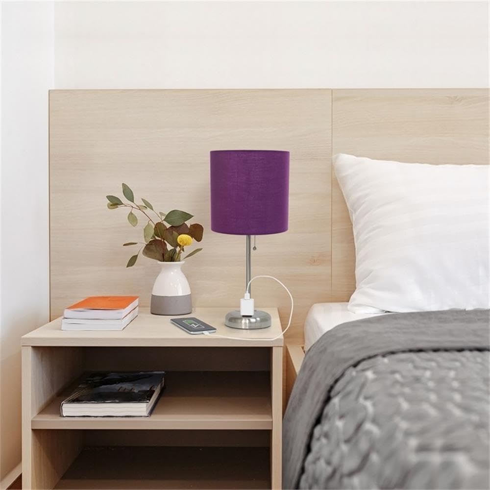 Creekwood Home Oslo 19.5&quot; Metal Table Lamp With Purple Shade & Power Outlet, Brushed Steel