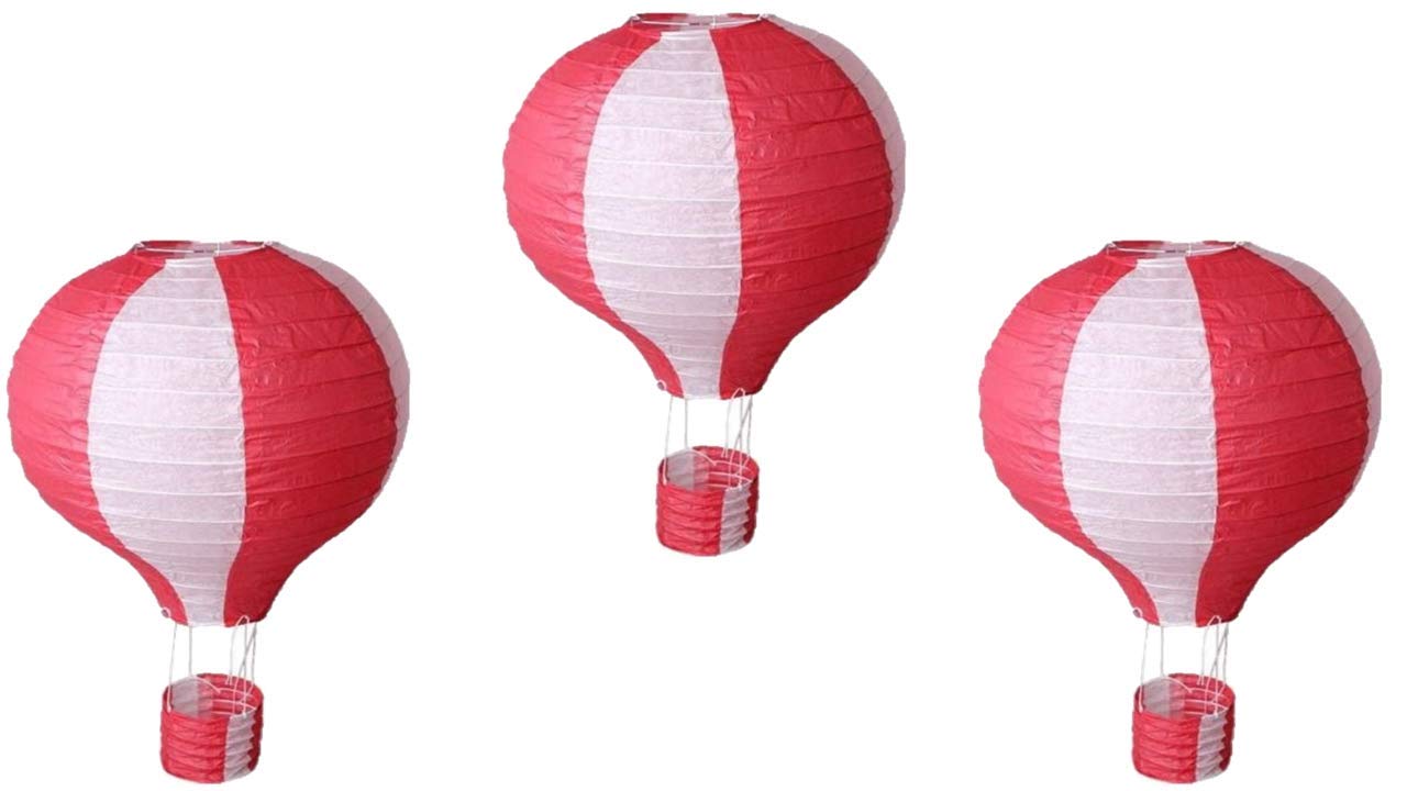 Pack Of 3 Stripy Hot Air Balloon Paper Lantern Wedding Party Decoration Craft Lamp Shade (Red, 10'' (25Cm))