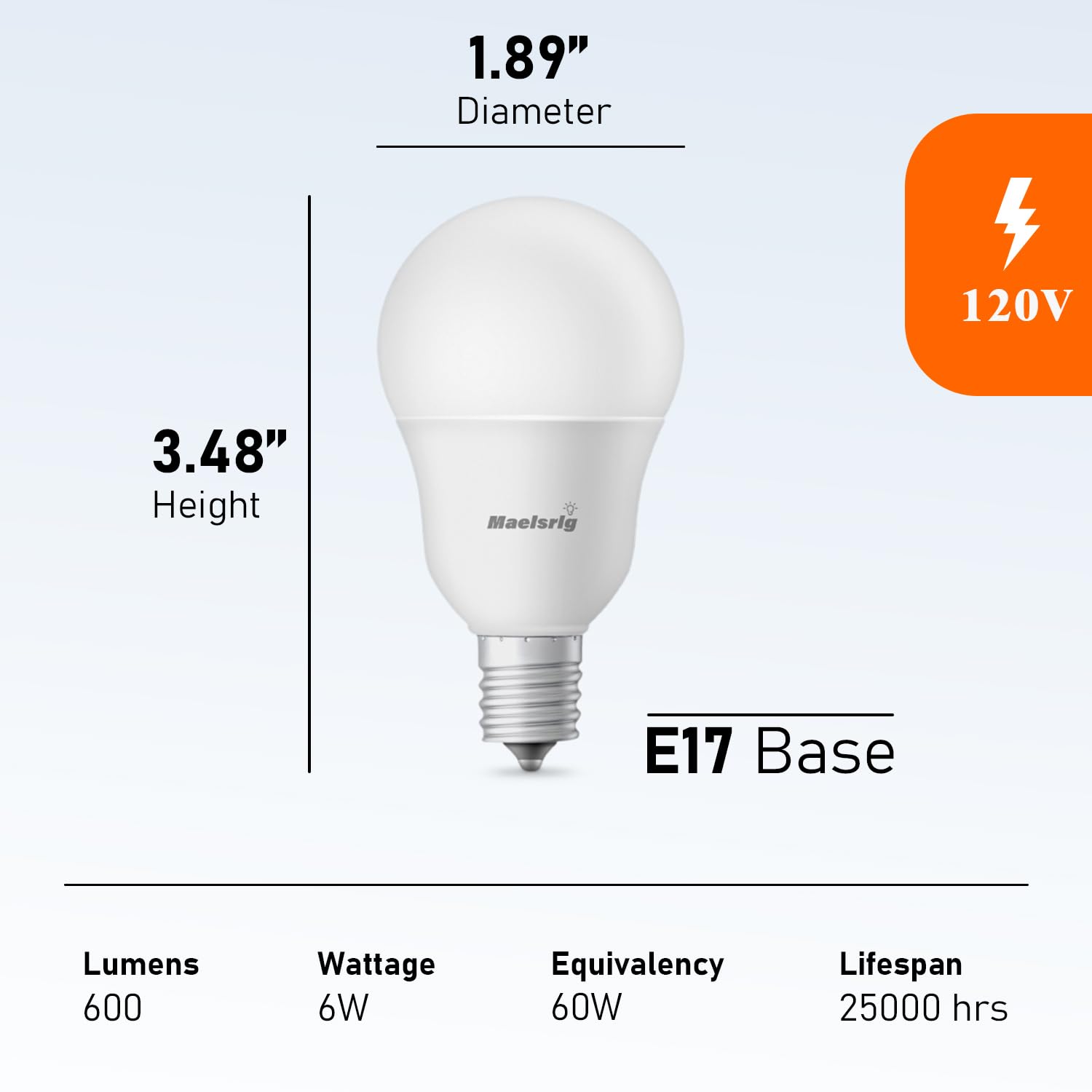 Maelsrlg E17 LED Bulb, 6W (60W Equivalent), Daylight White 5000K, G14 Globe, 600 Lumens, Non-Dimmable, Pack