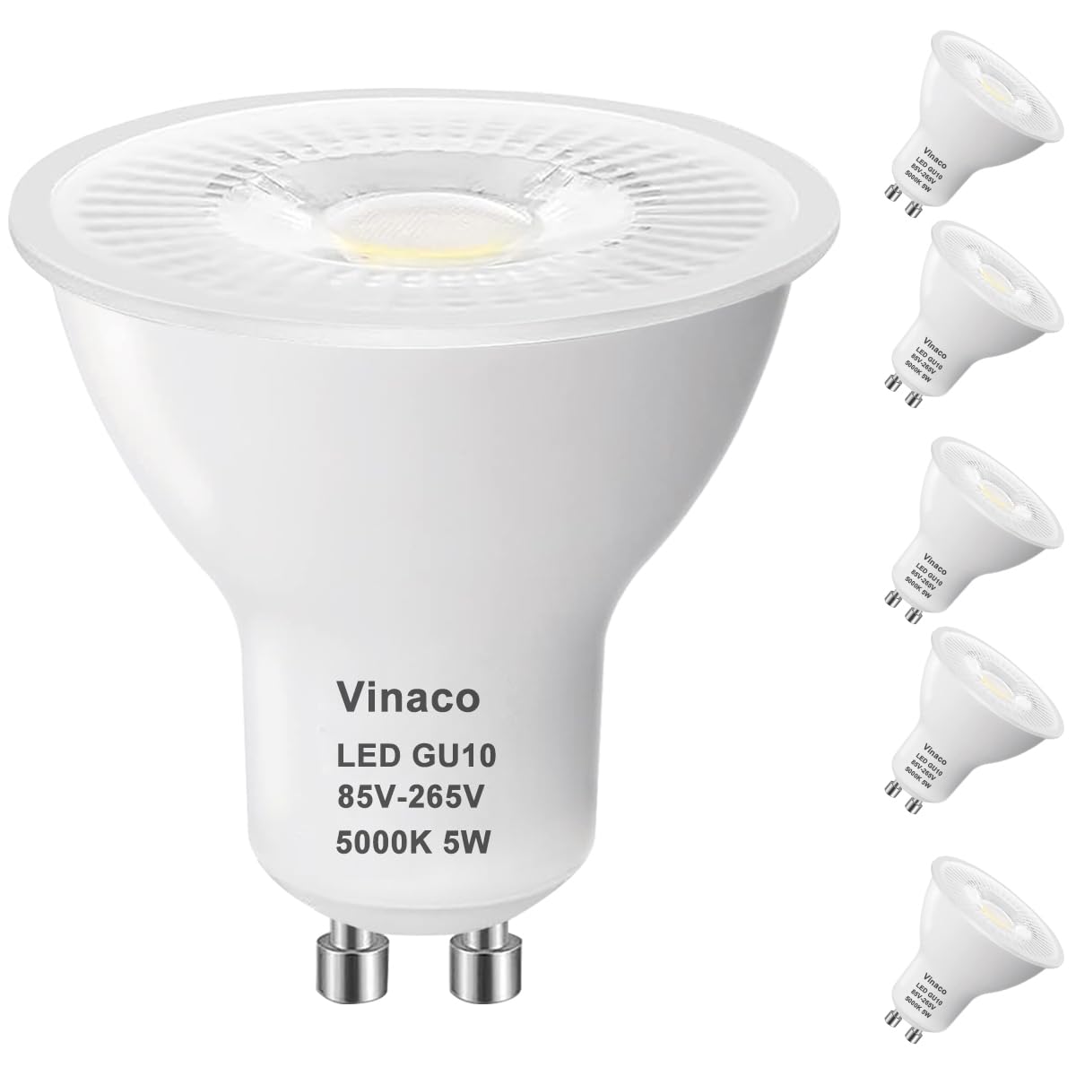 Vinaco Gu10 Led Bulb 5000K Daylight, 6 Pack Gu10 Bulb 50 Watt Halogen Equivalent, Long Lifespan 500Lm Mr16 Led Bulb Non-Dimmable