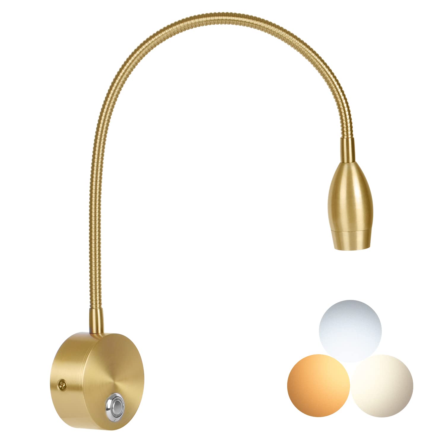 Adust Bedside Reading Light, 3W LED Touch Dimmable, Adjustable Colour Temp, Gold (1-Pack), Brushed Nickel, Model RL-2