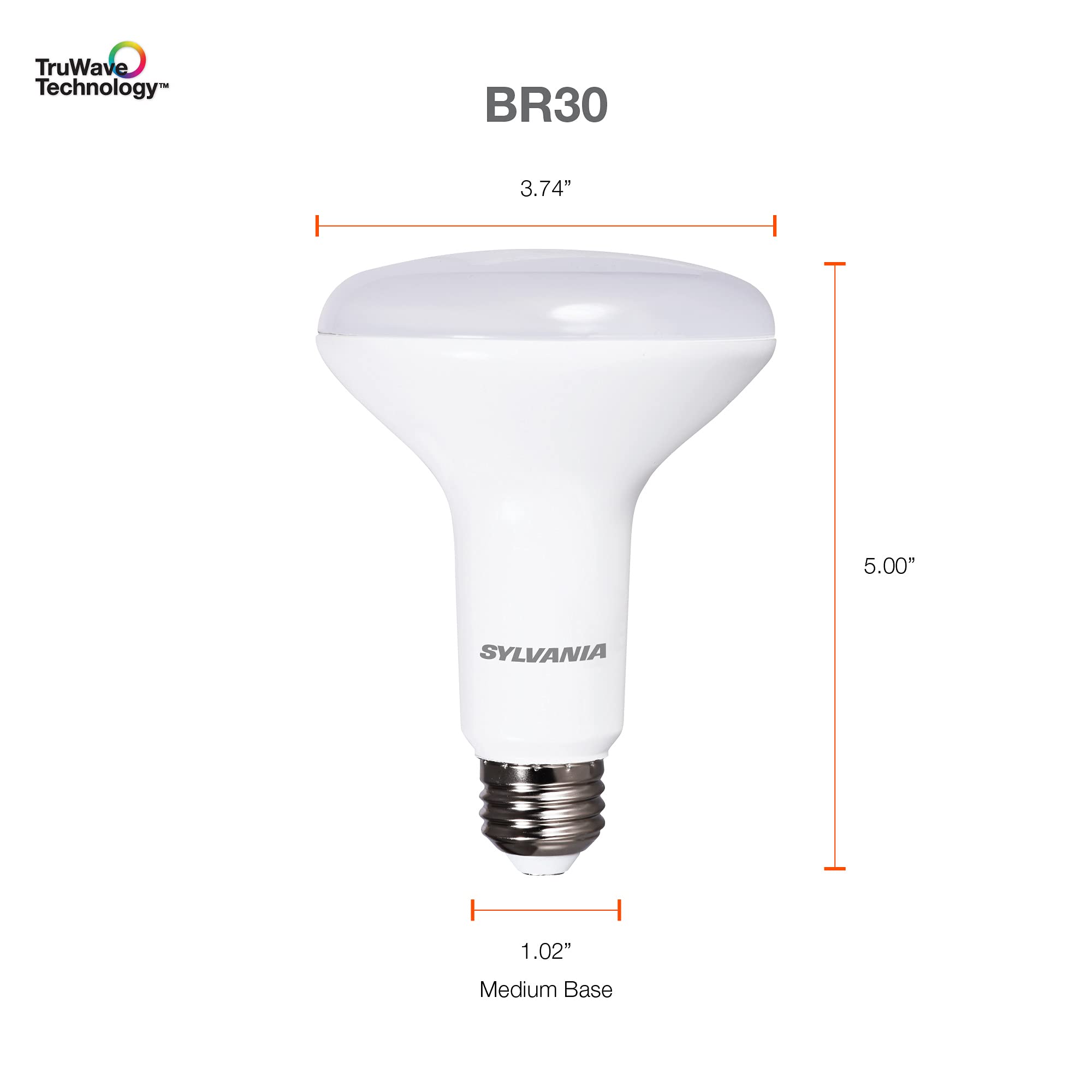 Sylvania Truwave Natural Series Br30 Led Light Bulb, 65W = 7W, Dimmable, Medium Base, 650 Lumes, Frosted, 2700K, Soft White - 12