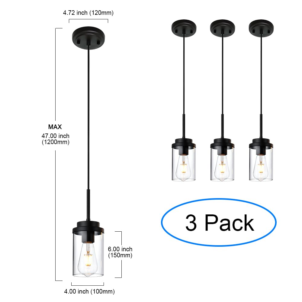 MELUCEE Hanging Pendant Light Fixtures, Adjustable Black Metal Ceiling Lamp with Clear Glass Shade, 3 Pack, Model 4-4501-3P-3BL