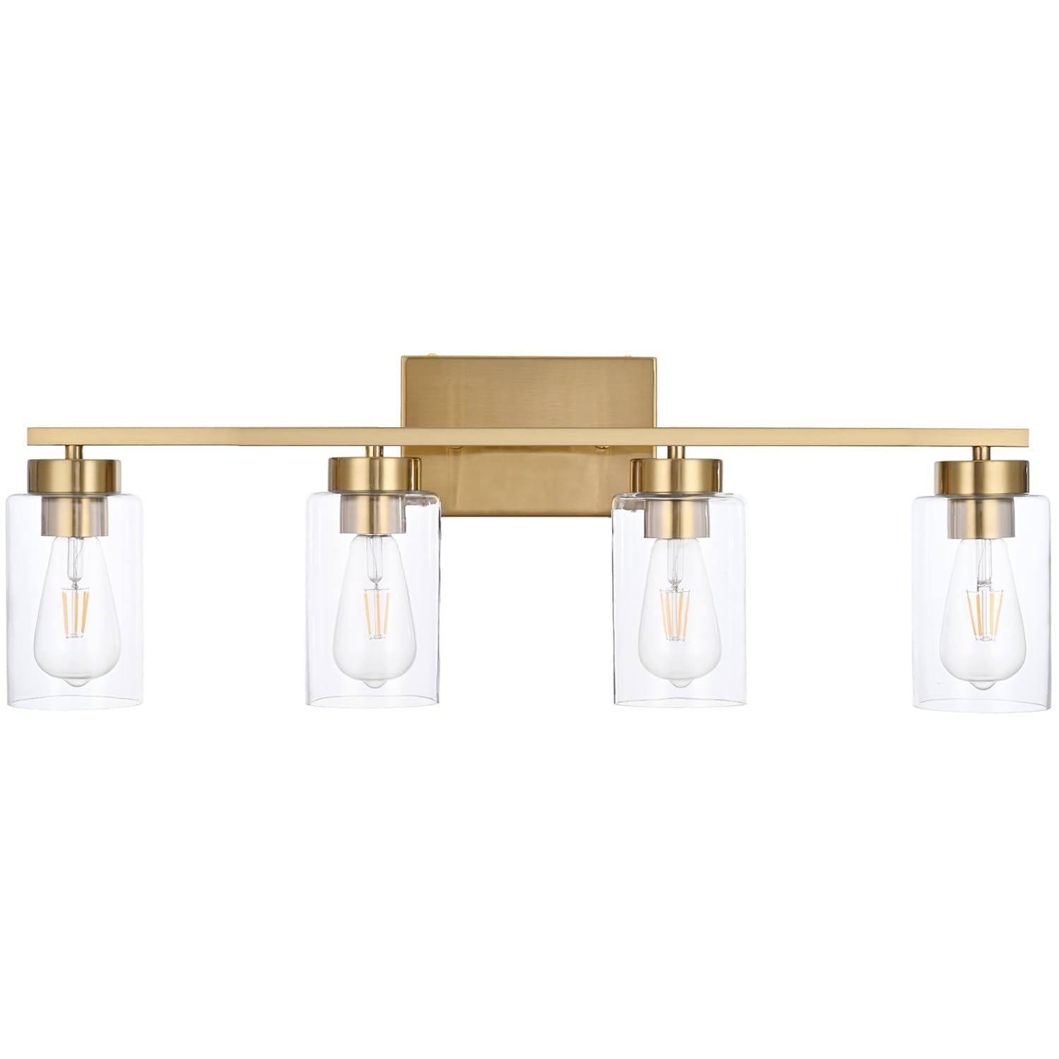 A1A9 4 Light Bathroom Vanity Light Fixtures, Brushed Brass, Clear Glass Shade, 4-Lights, Model NF-22405BR, Gold