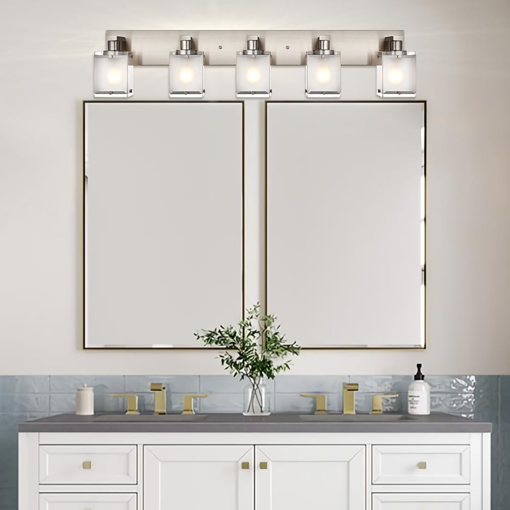WINSHEN 5-Lights Bathroom Vanity Light Fixture, Modern Brushed Nickel Sconce with Frosted Glass Shades, E26 Bulb Base, Model 5WSN-XOTFZO