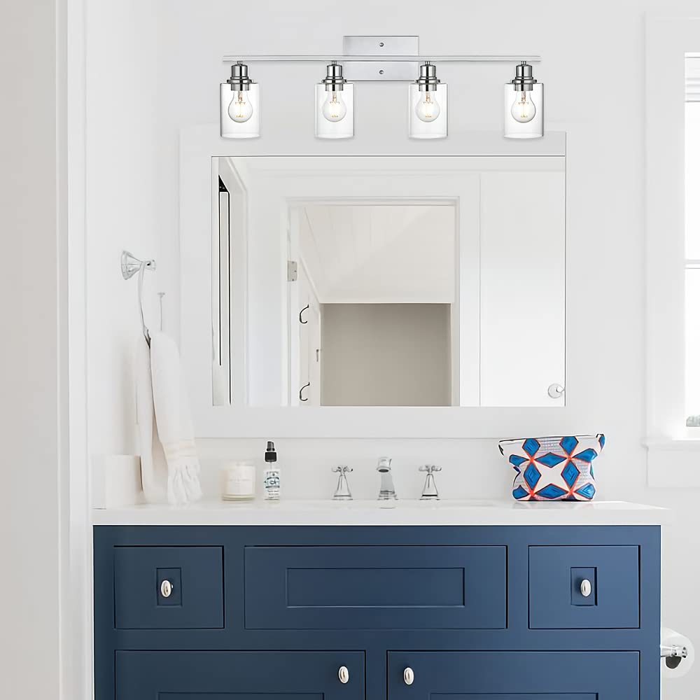 VINLUZ 4-Light Vanity Light Fixture, Chrome Finish with Clear Glass Shades, Wall Mounted for Bathroom & Living Room