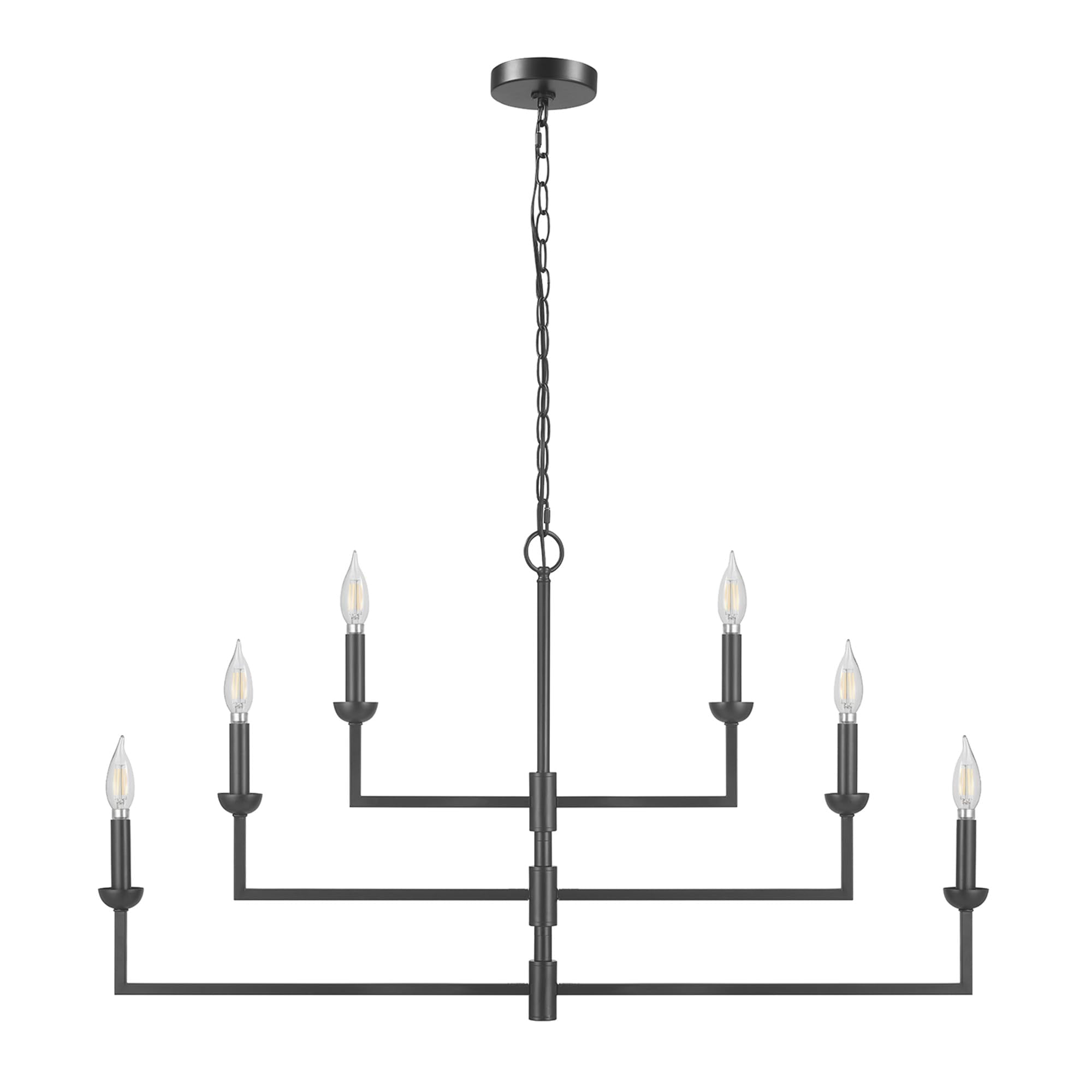 Globe Electric 67000125 6-Light Chandelier, Matte Black, 3-Tier Construction, Black Chain, Swivel Arms, Candelabra Base Bulbs, C