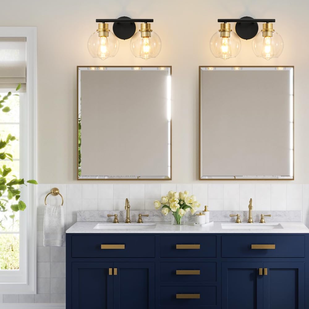 Lanmate 2-Light Bathroom Light Fixtures Black And Gold Vanity Light 13.8 Inch Bathroom Lights Over Mirror With Clear Glass Globe