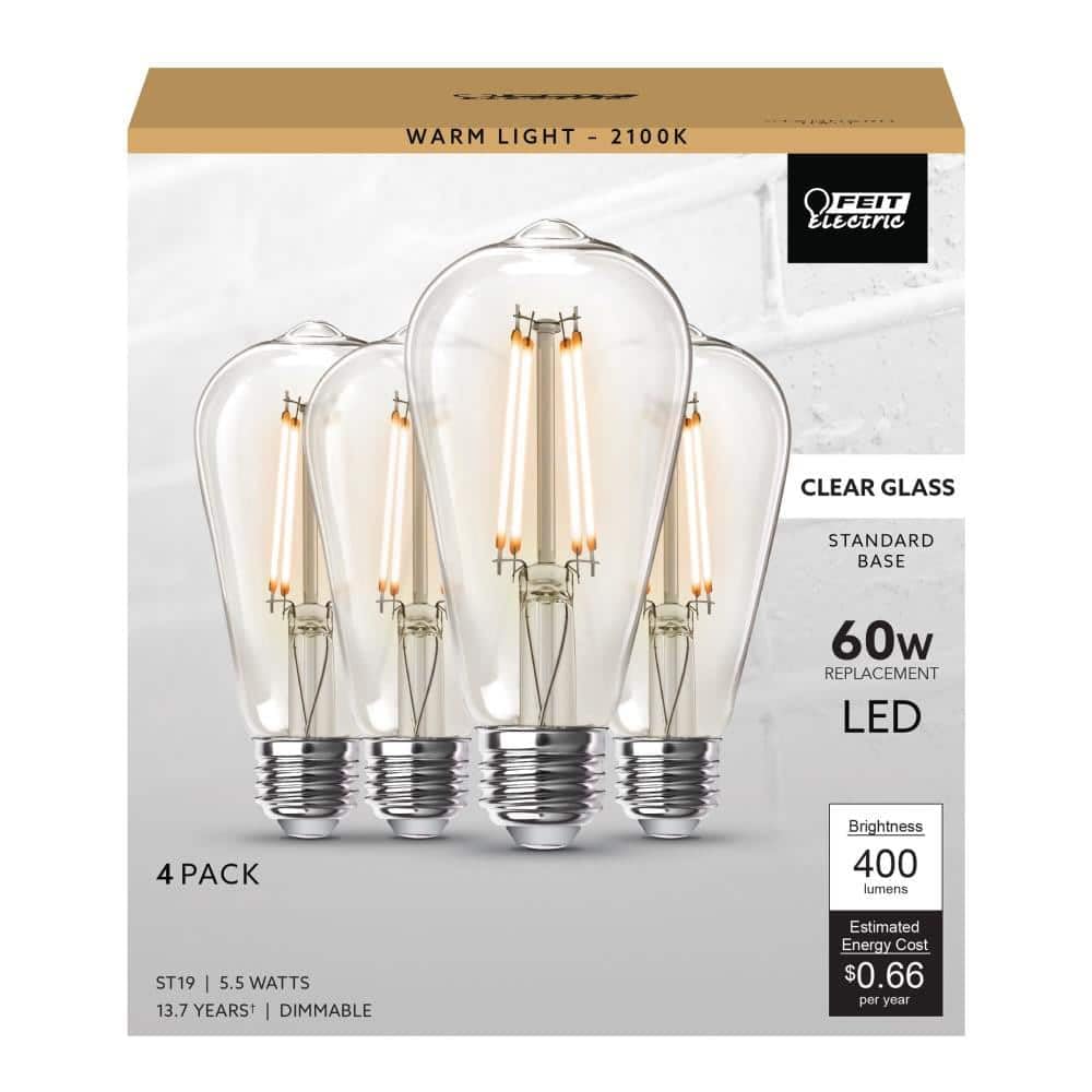 Feit Electric Vintage Edison LED Light Bulb, 60W Equivalent, Dimmable, Warm White, ST19 Model, Clear Glass, 4 Pack