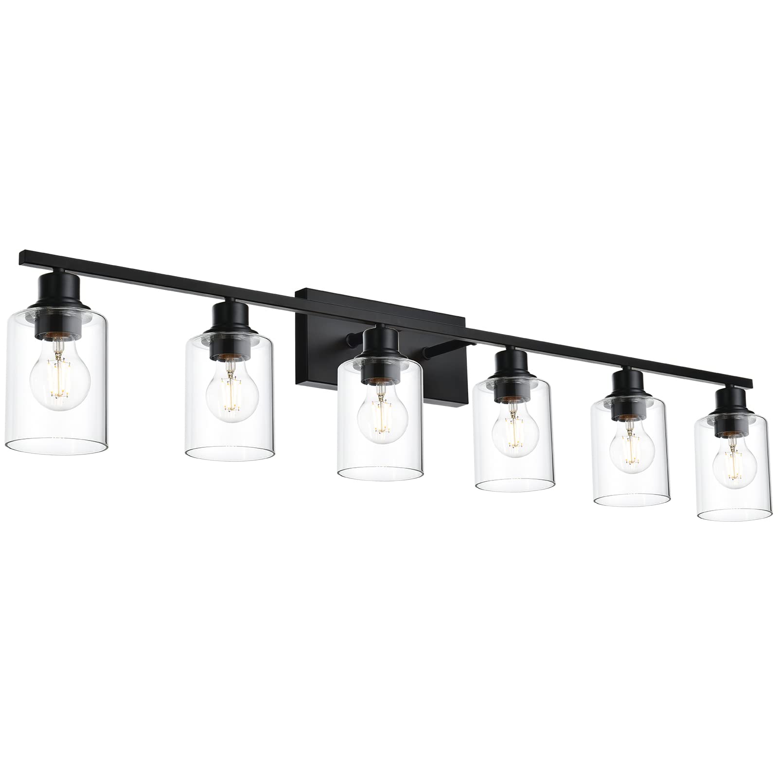 VINLUZ Bathroom Vanity Light Fixture, 6 Light Wall Sconce, Matte Black Metal Base, Clear Glass Shade