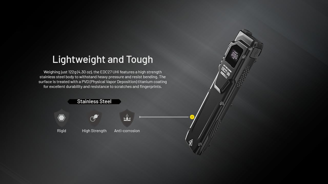Nitecore EDC27 Flashlight, 3100 Lumens, USB-C Rechargeable, Stainless Steel, Black