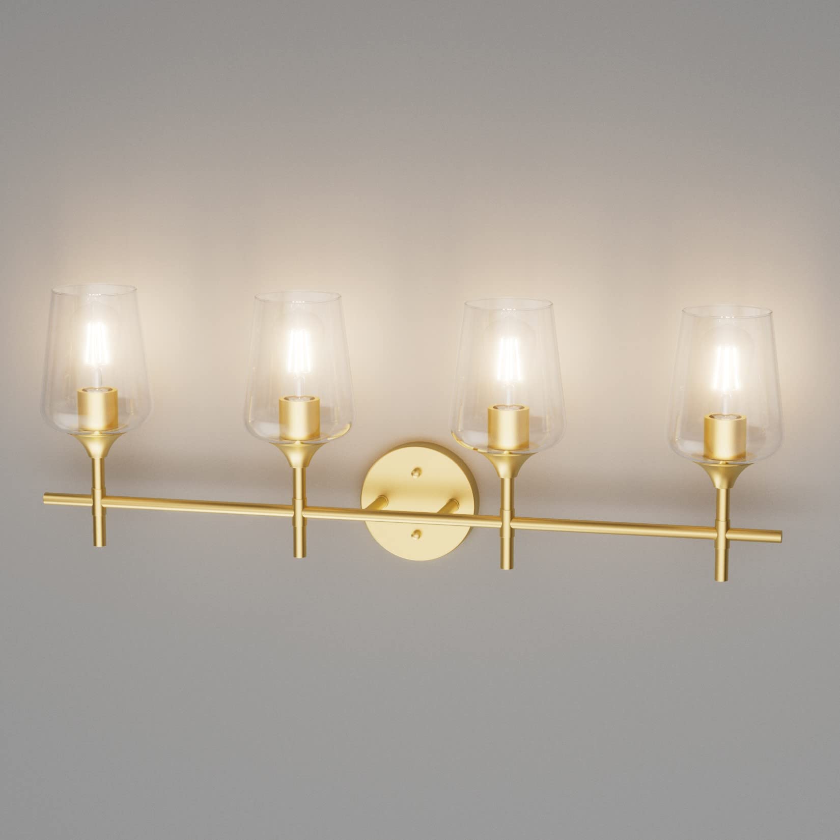 Ralbay 4-Lights Gold Vanity Light Fixture Vintage Gold Vanity Lights Wall Lighting Clear Glass Gold Bathroom Light Fixtures Over
