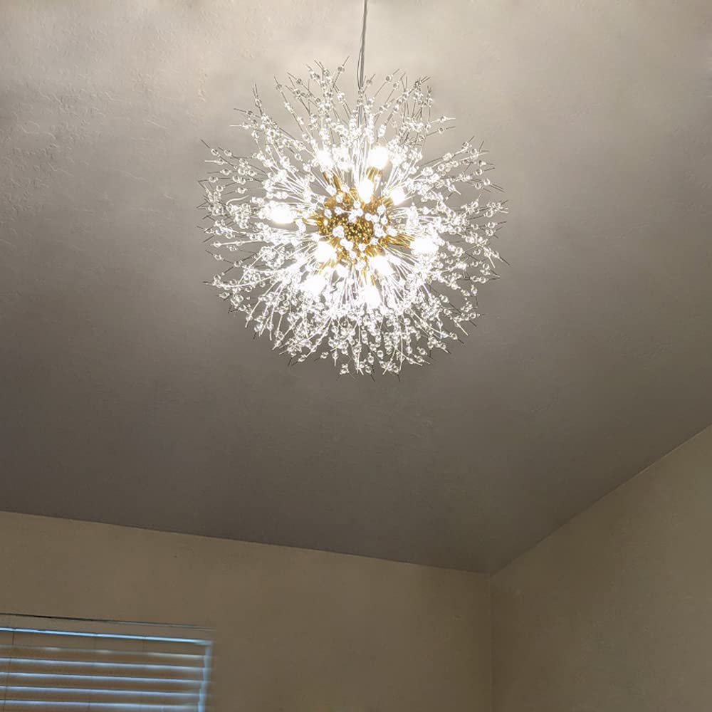 Yiisem Gold Crystal Chandeliers, 12-Light Modern Firework Pendant Lighting, G9 Dandelion Chandelier Light Fixtures For Dining Room Bedroom Living Room Restaurant Kitchen Aisle Hallway