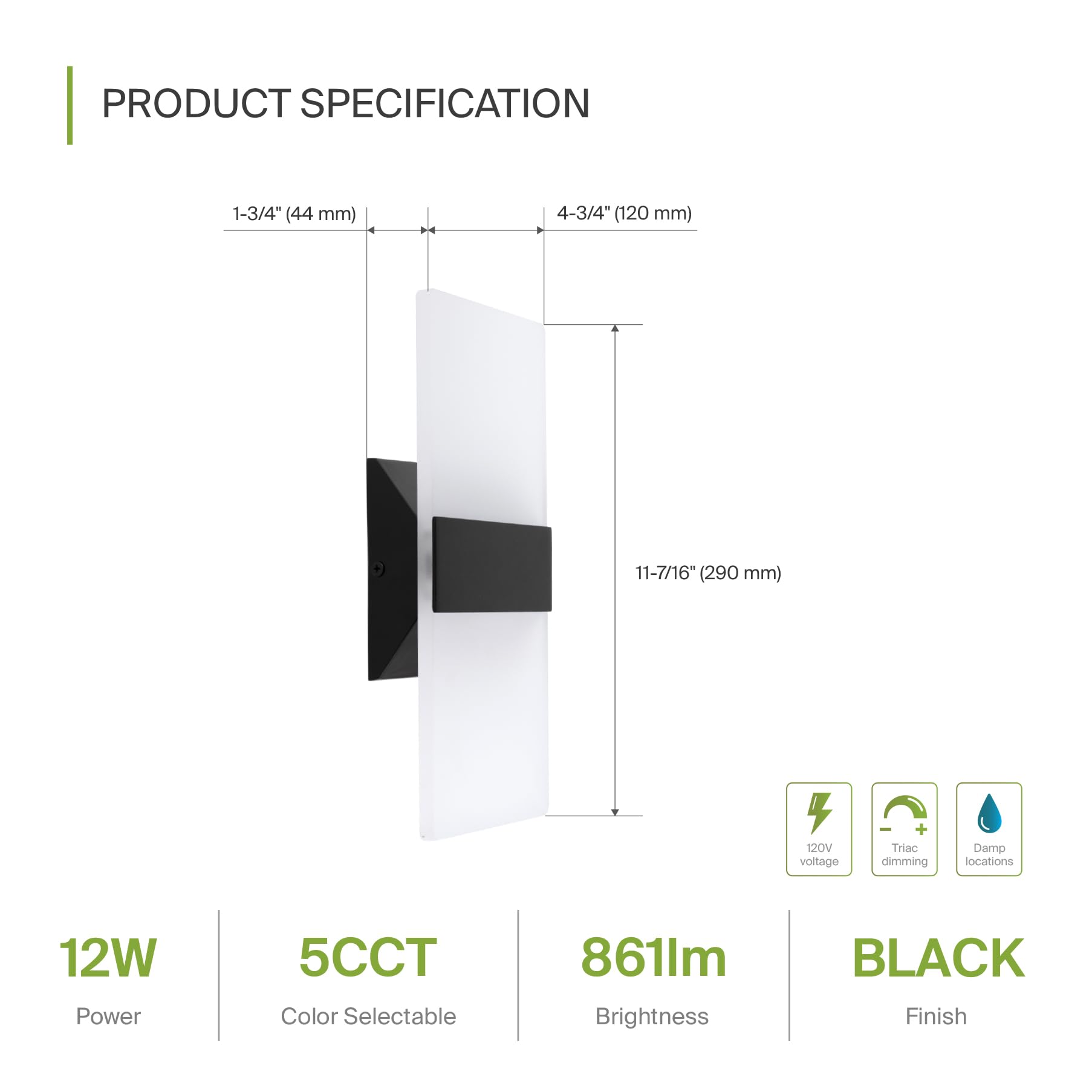 ASD 12 Inch LED Wall Sconce - Adjustable Dimmable Light Fixture, Acrylic Glass, Matte Black, Model A-LWS12-12D12ACBK