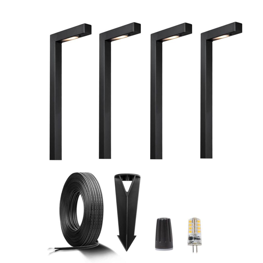 Gardenreet 12V Brass Landscape Black Path Lighting Kit (4 Pack Path Lights) with 100 Feet Cable and 20Pack Wire Connectors for Outdoor House Garden Patio Walkway Without Low Voltage Transformer