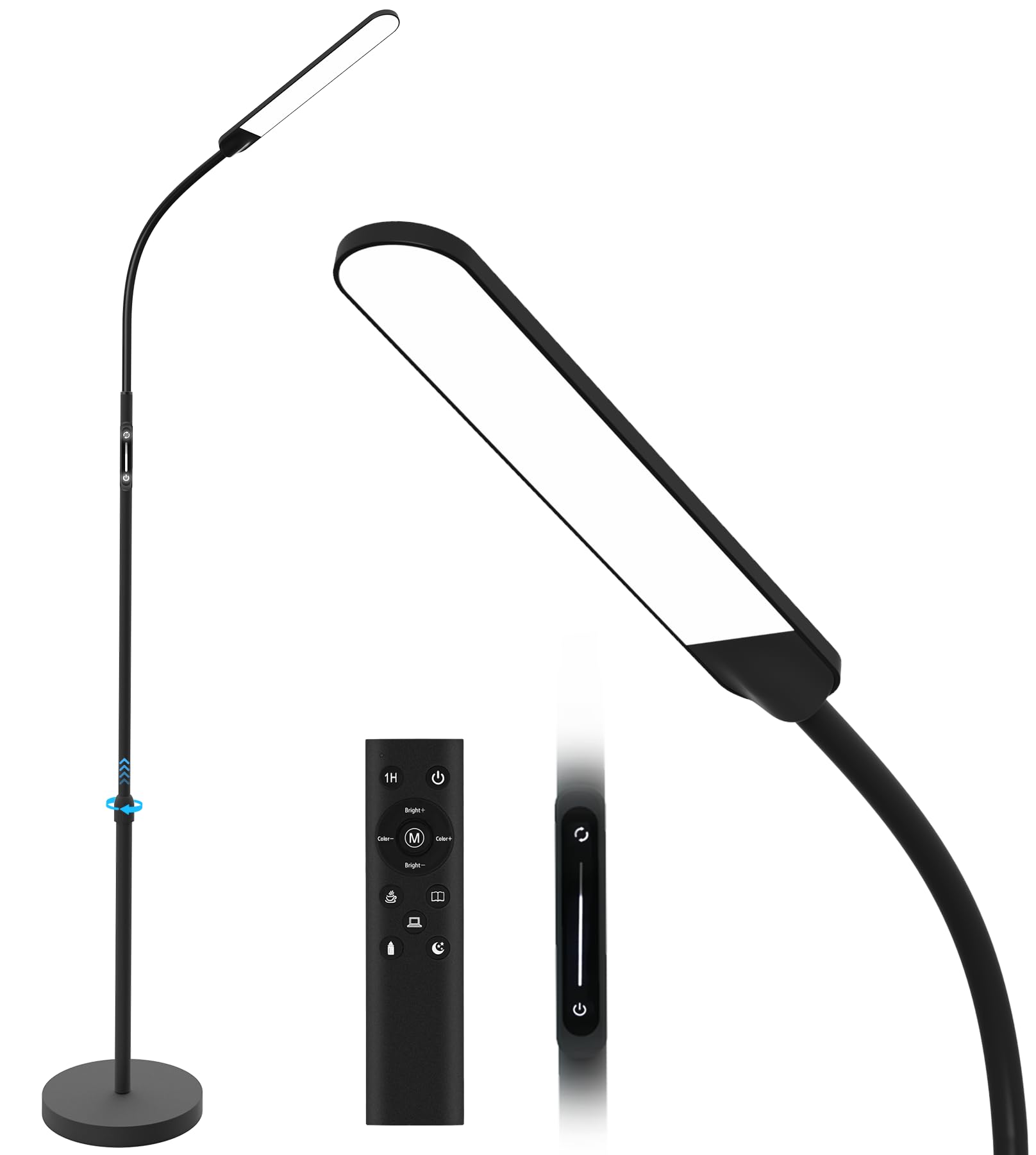 Nxone Adjustable Led Floor Lamp, Black, Modern Reading Light With 4 Colors & Stepless Brightness