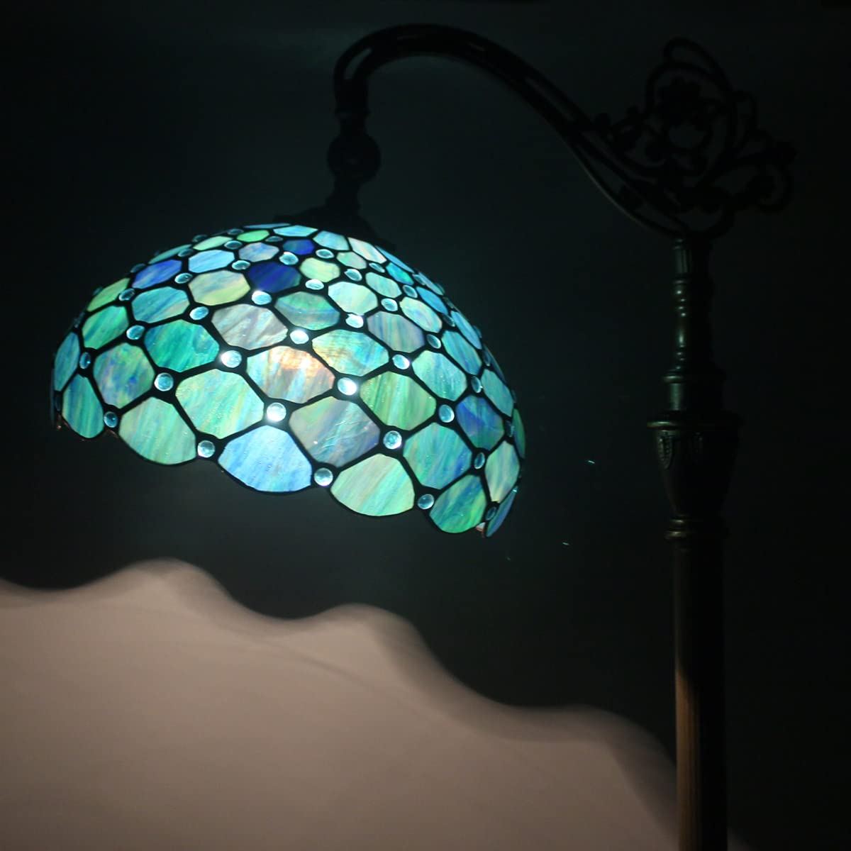 ZJART Tiffany Floor Lamp - Adjustable Arched Gooseneck, Metal, Sea Blue Pearl, 18.88x12x67 Inches, Antique Reading Light